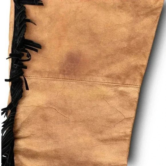 Vintage Western Brown Leather Pants Handmade Black Fringe 6P Straight Leg Chic - Picture 9 of 15